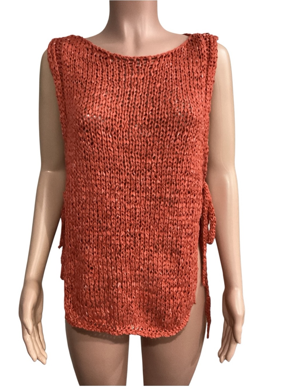 Zara Open Knit Sleeveless Sweater Tank Burnt Orange Hi Lo Side Ties size Small